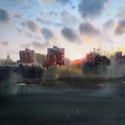 Moscow summer sunset - Original watercolor