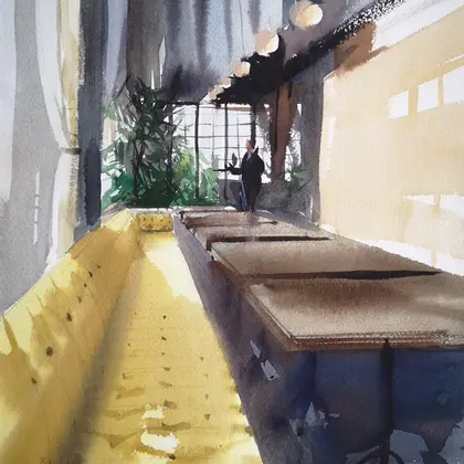 Morning in a cafe - Original watercolor