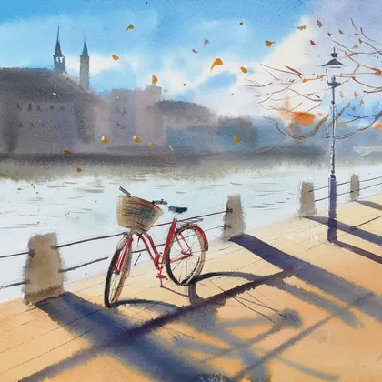Bike ride along the embankment - Original watercolor