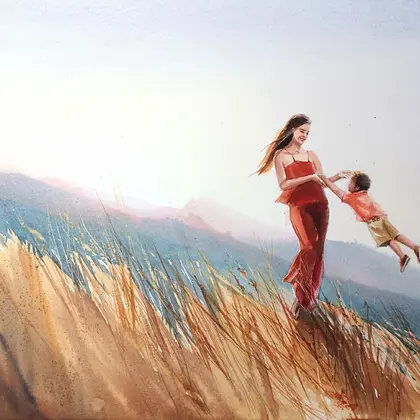 Watercolor picture Мother circles son