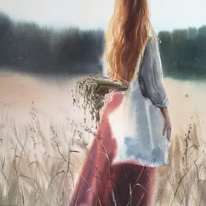 Through a field of ripe oats - Original watercolor
