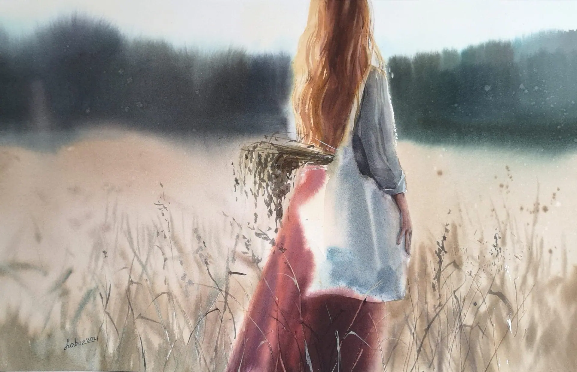 Through a field of ripe oats - Original watercolor 1 Through a field of ripe oats - Original watercolor