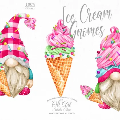 Gnomes & ice cream clipart, сute characters