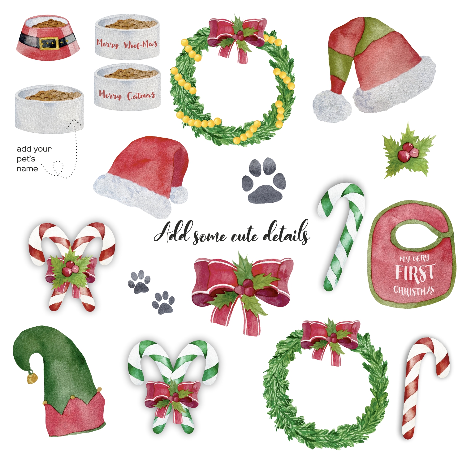Watercolor Christmas wellies clipart. Its my family print 3 Watercolor Christmas hats, decor and wreath