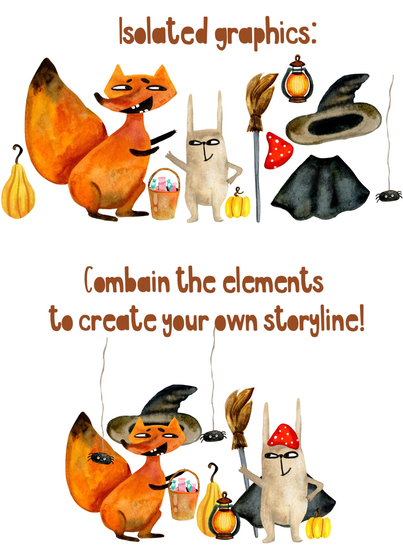 Watercolor autumn animals friendship story, fox and rabbit art 4 fall-watercolor-clipart