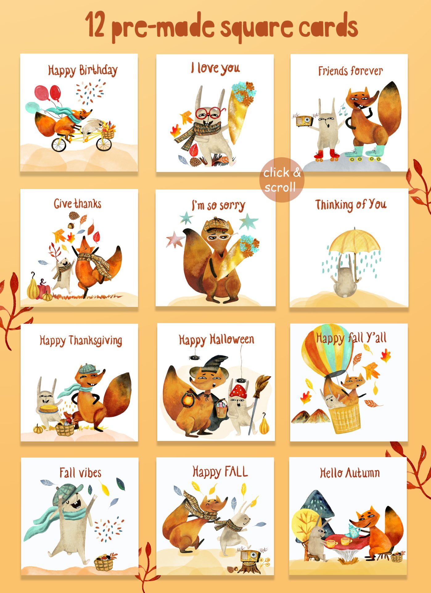 Watercolor autumn animals friendship story, fox and rabbit art 8 Watercolor autumn animals friendship story, fox and rabbit characters funny illustration, thanksgiving, halloween. autumn birthday, cards, patterns.