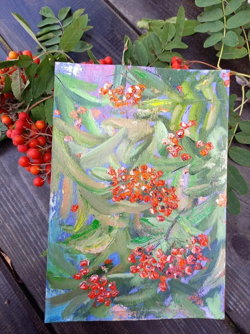 Rowan red berries oil painting 6*8 impasto by Yalozik 6 Rowan red berries oil painting 6*8 impasto by Yalozik - Image 6