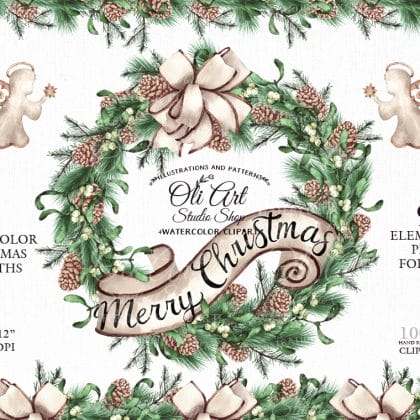 Сhristmas clipart. Watercolor Christmas wreaths. Mistletoe, Angel