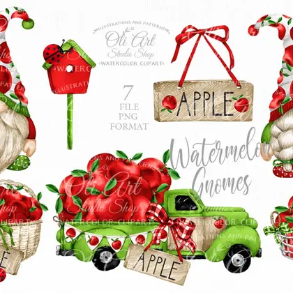 Apple & gnomes clipart, gnome truck, digital download design