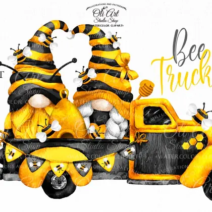 Gnome Bee Truck clipart, Vintage Truck, Digital Download Design