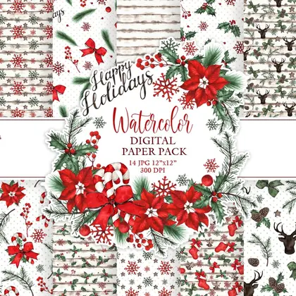 Christmas digital paper pack. Christmas Watercolor art digital