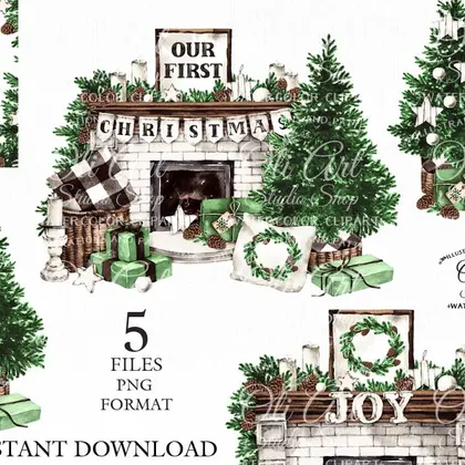 Сhristmas Watercolor clipart. Christmas fireplace and tree.