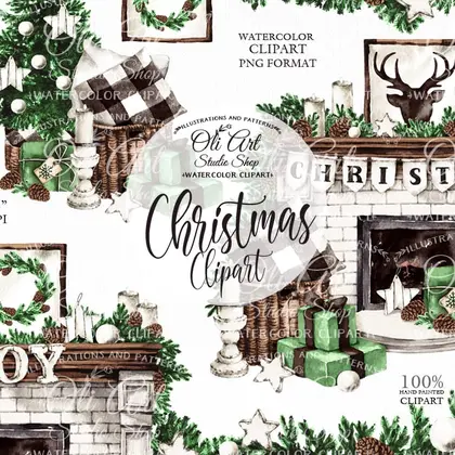 Сhristmas Watercolor clipart. Christmas fireplace and tree.