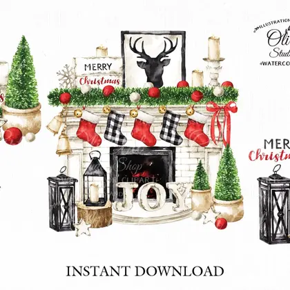 Сhristmas Digital clipart. Christmas fireplace. Xmas. Hand Painted