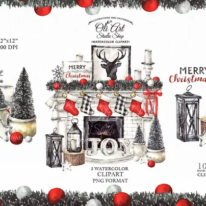 Сhristmas digital clipart. Christmas fireplace. Joy. Hand Painted
