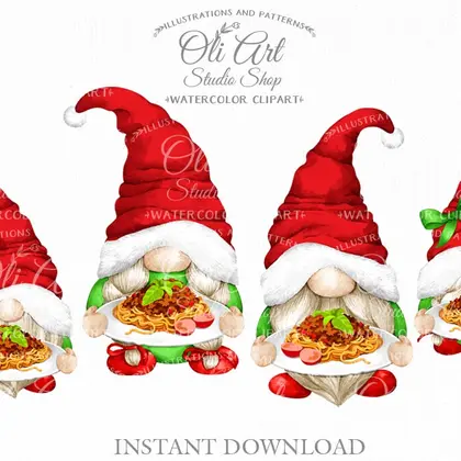 Christmas gnome family, plateful of spaghetti