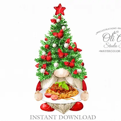 Christmas tree gnome & plateful of spaghetti, digital clip art.