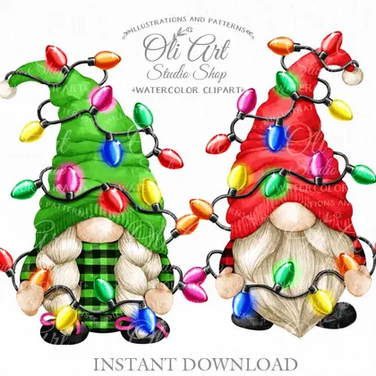 Christmas gnomes digital clipart PNG, Christmas lights, buffalo