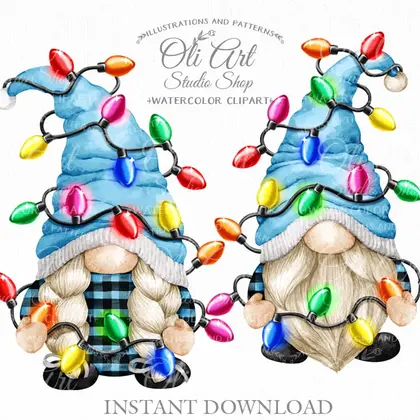 Christmas gnomes digital clipart PNG, Christmas lights, buffalo