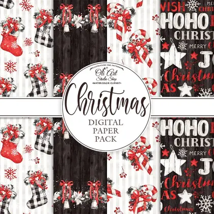 Christmas digital paper pack. Watercolor white poinsettia paper HO