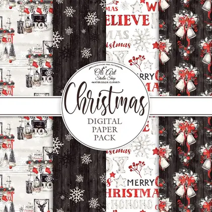 Christmas digital paper pack. Watercolor white poinsettia