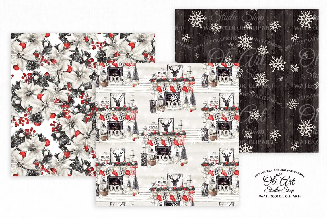 Christmas digital paper pack. Watercolor white poinsettia 2 Christmas digital paper pack. Watercolor white poinsettia - Image 2