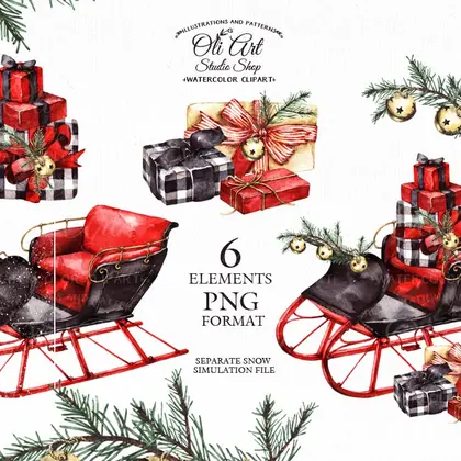 Сhristmas Watercolor clipart. Christmas Sleigh. Hand Painted