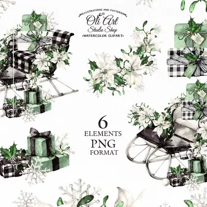 Сhristmas Watercolor clipart. Christmas Sleigh, Poinsettia.