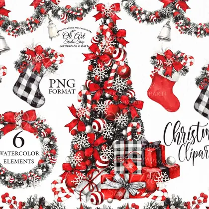 Сhristmas Watercolor clipart. Christmas tree, wreath, socks