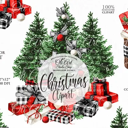 Сhristmas Watercolor clipart. Christmas tree, Gift Box. Watercolour gifts