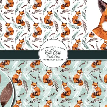 Digital paper pack.Watercolor Cute Fox, artistic backgrounds