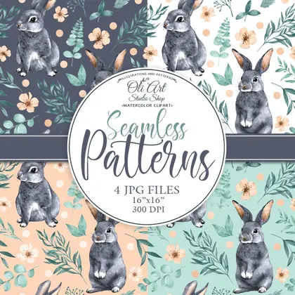 Digital paper pack.Watercolor Cute Rabbit, artistic backgrounds