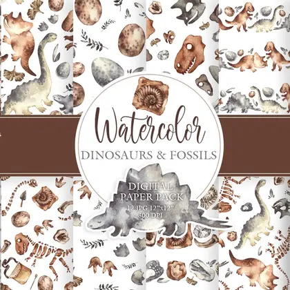 Watercolor fossils clipart png, dinosaurs clip art, bones, pattern
