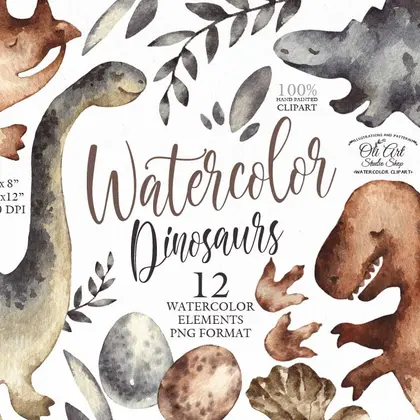Watercolor dinosaurs clipart png, dinosaurs digital watercolor