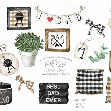 Watercolor decor clipart Father's day My Hero hand drawn graphics
