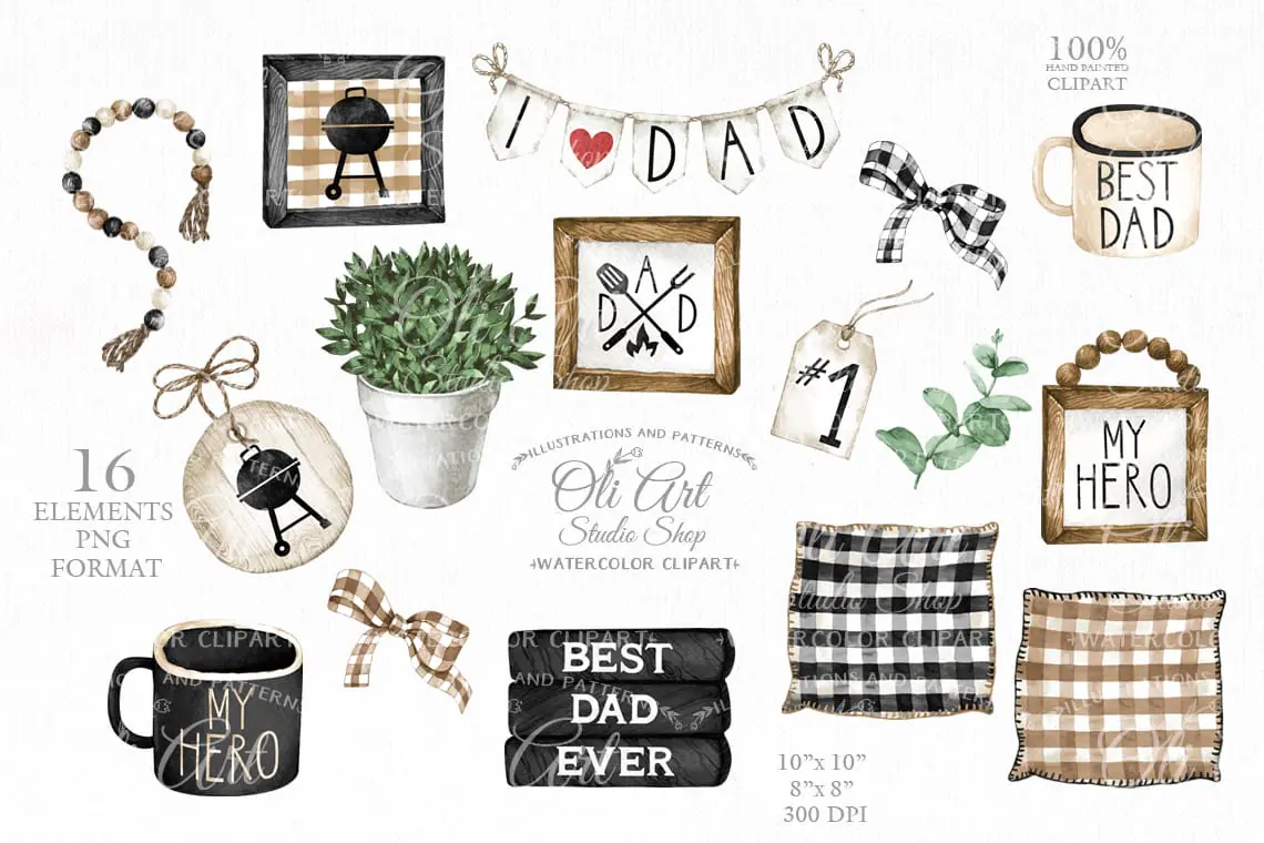 Watercolor decor clipart Father's day My Hero hand drawn graphics 1 Watercolor decor clipart Father's day My Hero hand drawn graphics