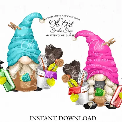 Gnomes digital clipart png, Cleaning, сute characters