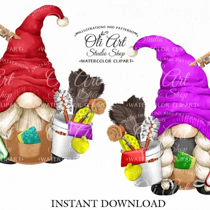 Gnomes digital clipart png, Cleaning, сute characters