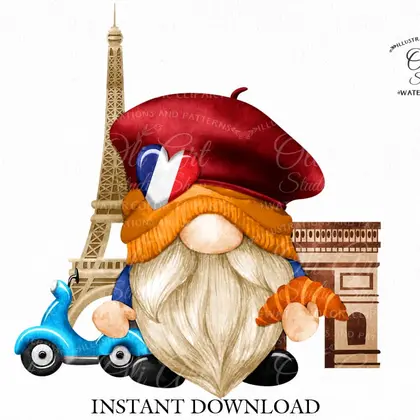 Gnome Paris digital clipart, Eiffel Tower, Paris illustration