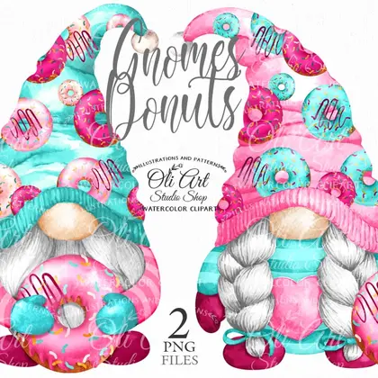 Watercolor Gnome donuts, Sweet pink gnomes clipart