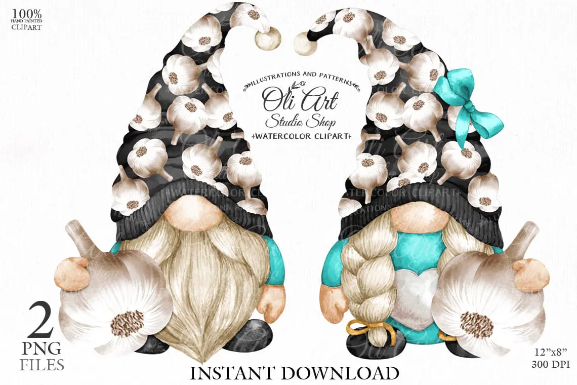 Gnomes & garlic, digital clipart, сute characters 1 Gnomes & garlic, digital clipart, сute characters