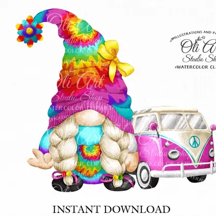 Hippi with car gnome, digital clipart png, сute characters