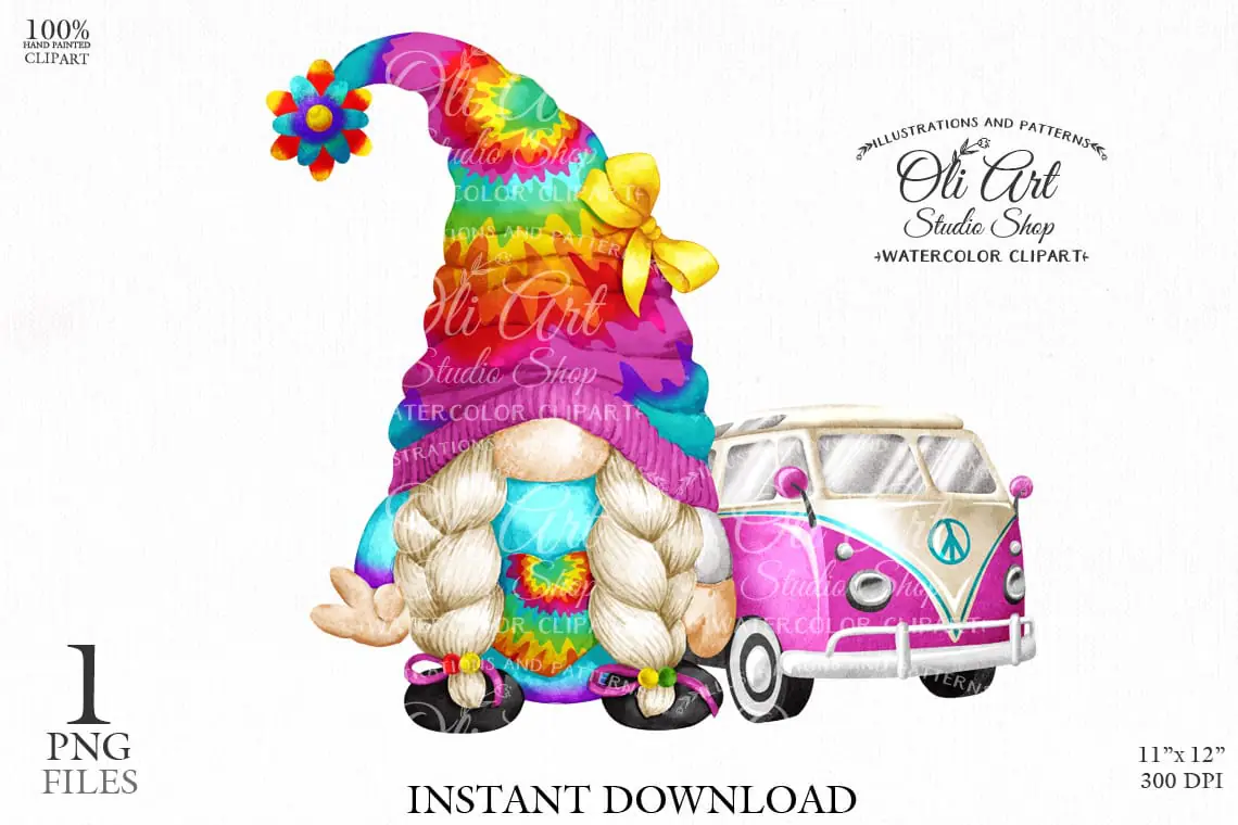 Hippi with car gnome, digital clipart png, сute characters 1 Hippi with car gnome, digital clipart png, сute characters