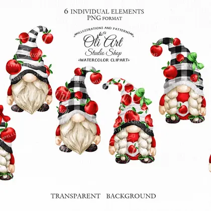 Gnomes & red apple clipart, Cute characters, Hand Drawn graphics