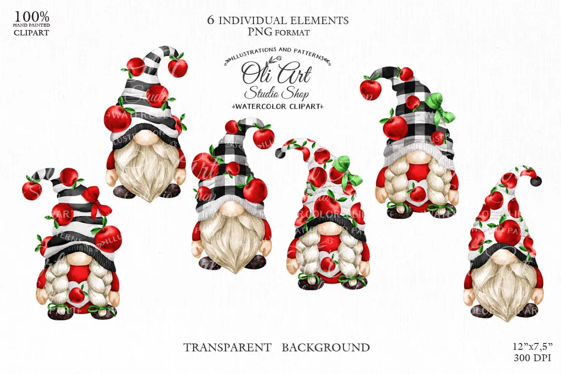 Gnomes & red apple clipart, Cute characters, Hand Drawn graphics 1 Gnomes & red apple clipart, Cute characters, Hand Drawn graphics