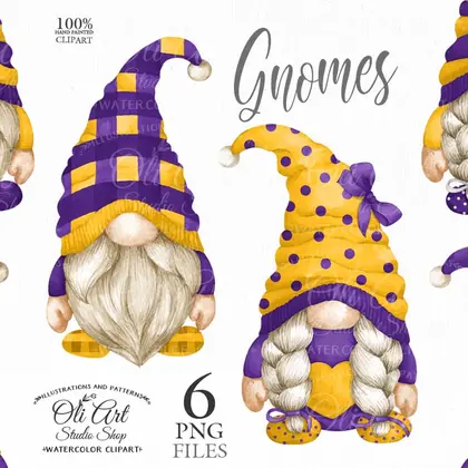 Gnomes clipart png, violet and orange, сute characters