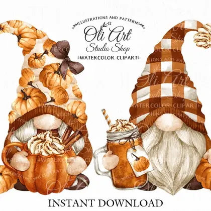 Fall gnomes clipart, pumpkin drinks, autumn pumpkins