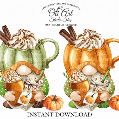 Fall gnomes clipart, pumpkin drinks, autumn pumpkins