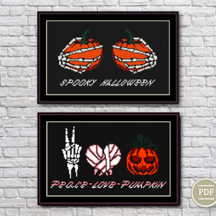 Halloween Cross Stitch Pattern Set 2 Patterns Spooky Halloween Pumpkins and Skeleton