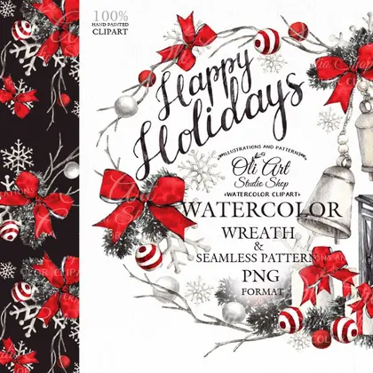 Сhristmas wreath clipart. Happy holidays. Seamless pattern.